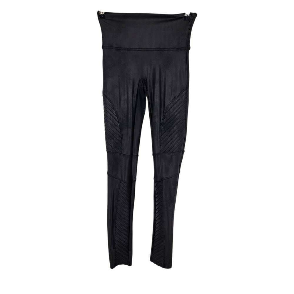 SPANX Faux Leather Moto Black High Waist Full Length Pull On Leggings Size M
